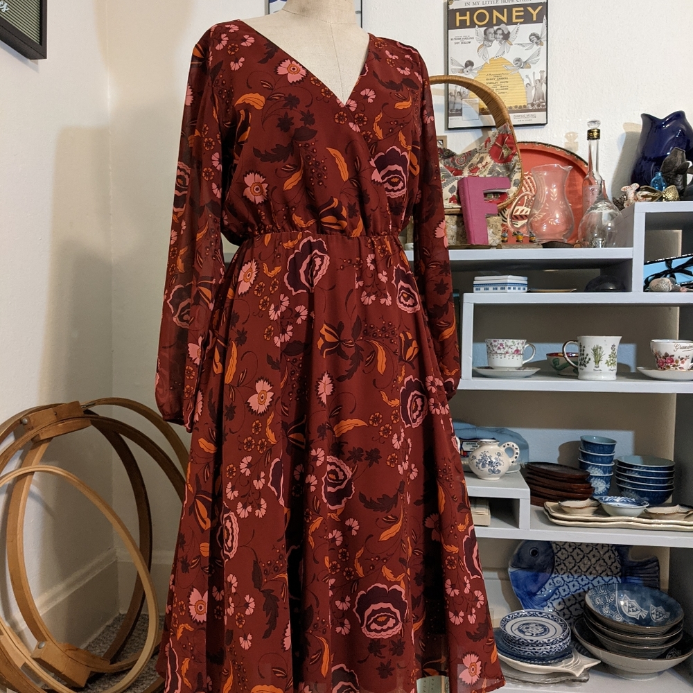 BB Dakota Carabelle Burgundy Floral Dress (S) - Picture 3 of 7